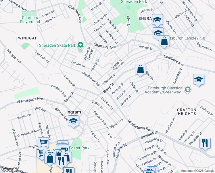 map of restaurants, bars, coffee shops, grocery stores, and more near 1432 West Busway in Pittsburgh