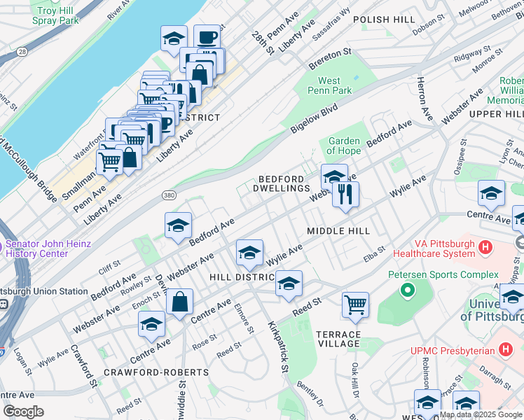 map of restaurants, bars, coffee shops, grocery stores, and more near 2284 Bedford Avenue in Pittsburgh