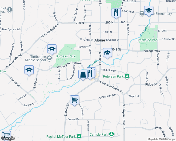 map of restaurants, bars, coffee shops, grocery stores, and more near 160 W Canyon Crest Rd in Alpine