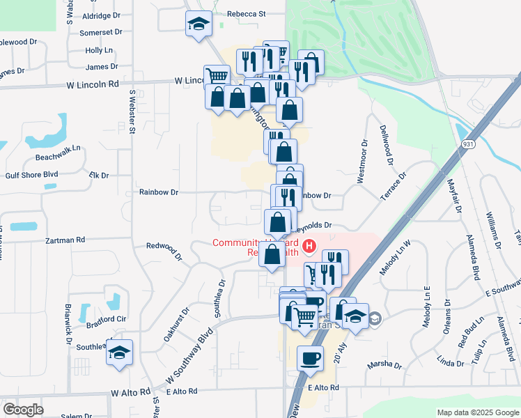 map of restaurants, bars, coffee shops, grocery stores, and more near 800 West Rainbow Circle in Kokomo
