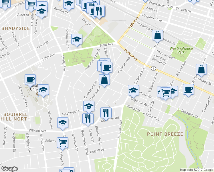 map of restaurants, bars, coffee shops, grocery stores, and more near 430 South Linden Avenue in Pittsburgh