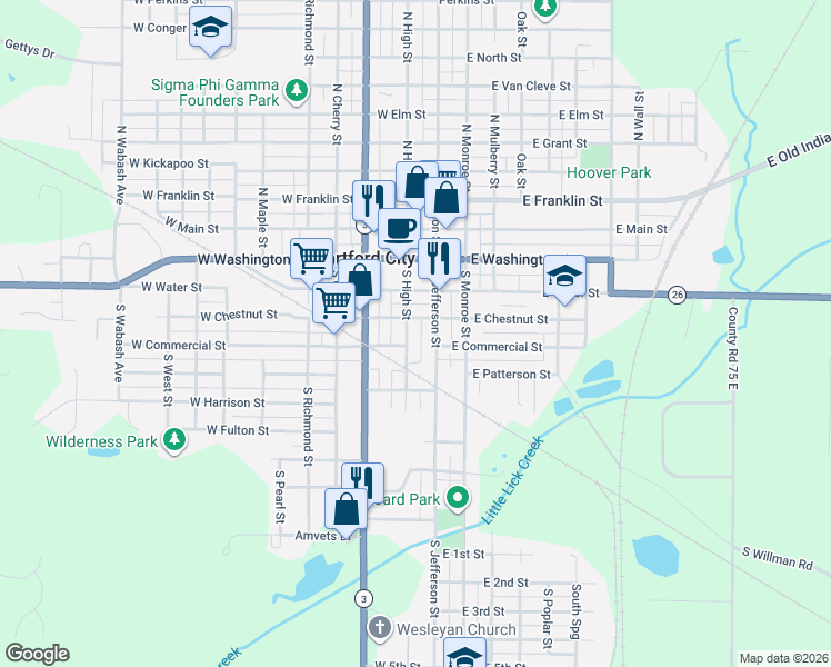 map of restaurants, bars, coffee shops, grocery stores, and more near 315 South High Street in Hartford City