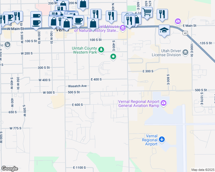 map of restaurants, bars, coffee shops, grocery stores, and more near 329 East 500 South in Vernal