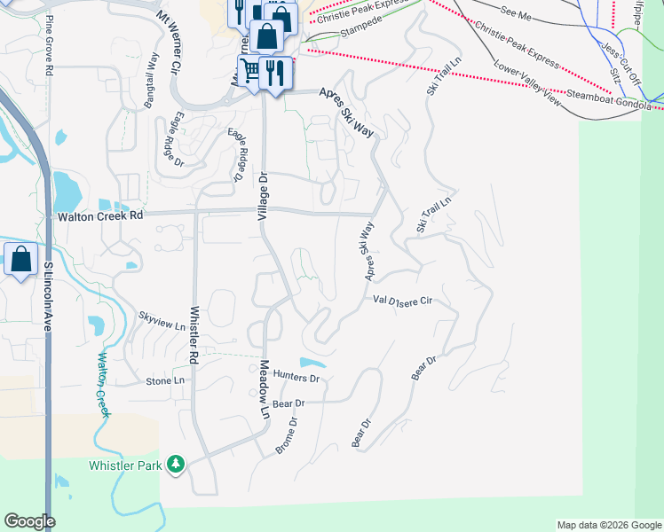 map of restaurants, bars, coffee shops, grocery stores, and more near 3070 Columbine Drive in Steamboat Springs