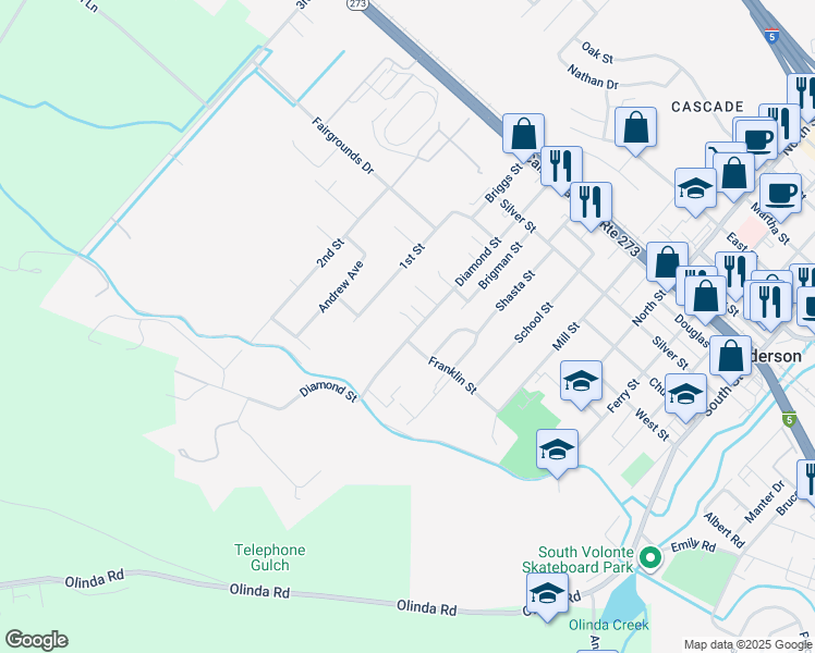 map of restaurants, bars, coffee shops, grocery stores, and more near in Anderson
