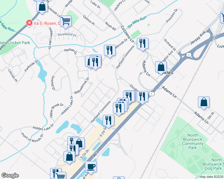 map of restaurants, bars, coffee shops, grocery stores, and more near 68 Clay Street in North Brunswick Township