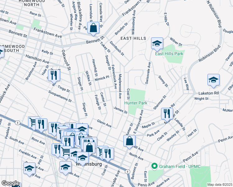 map of restaurants, bars, coffee shops, grocery stores, and more near 1645 Maplewood Avenue in Pittsburgh