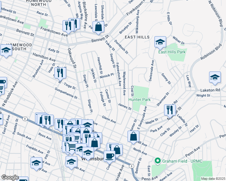 map of restaurants, bars, coffee shops, grocery stores, and more near 1635 Mill Street in Pittsburgh