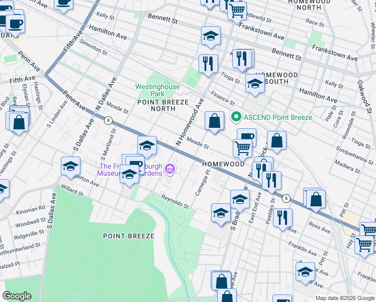 map of restaurants, bars, coffee shops, grocery stores, and more near 7223 Penn Avenue in Pittsburgh
