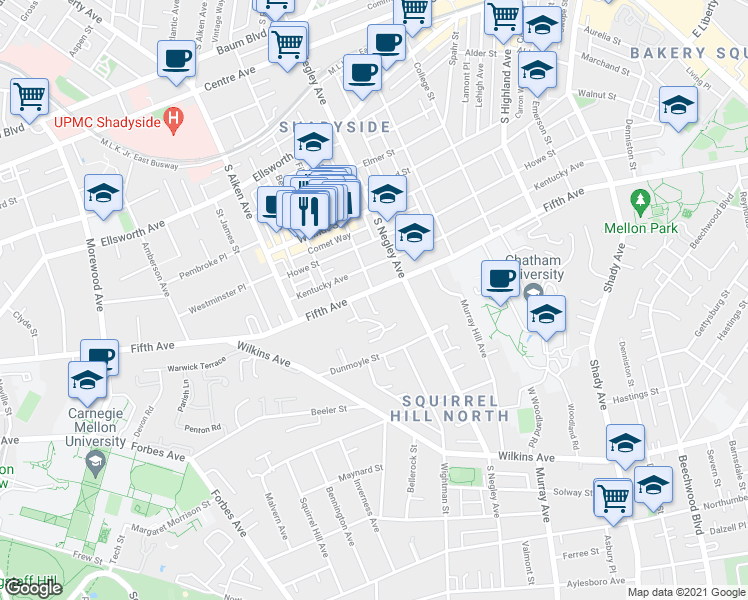 map of restaurants, bars, coffee shops, grocery stores, and more near 5600 Fifth Avenue in Pittsburgh