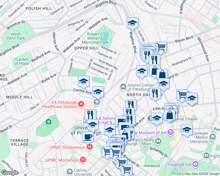 map of restaurants, bars, coffee shops, grocery stores, and more near 4230 Centre Avenue in Pittsburgh