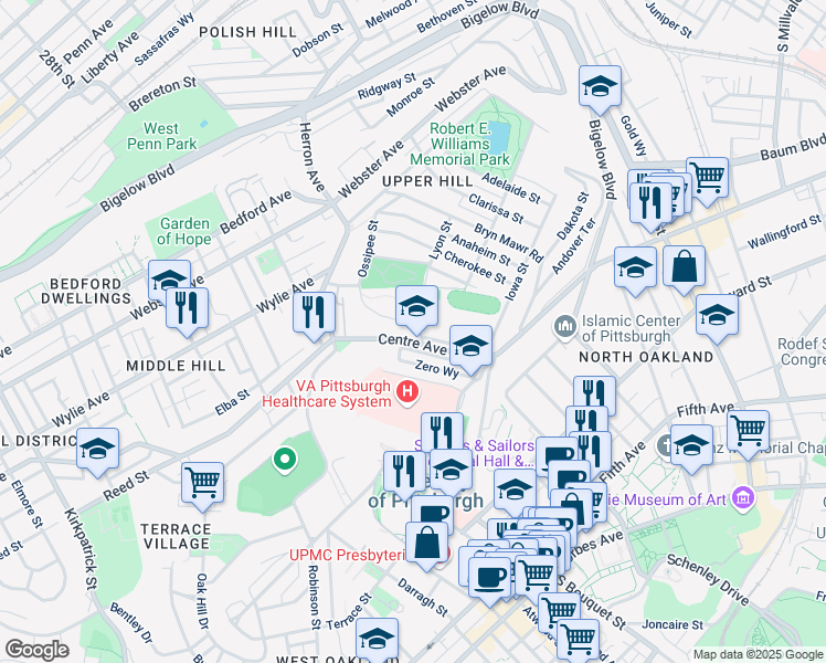 map of restaurants, bars, coffee shops, grocery stores, and more near 3107 Centre Avenue in Pittsburgh