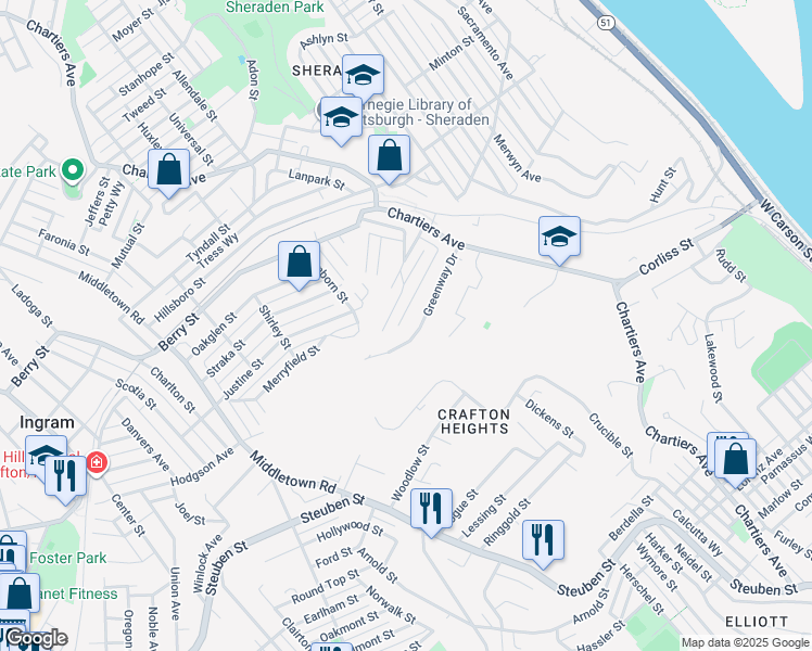 map of restaurants, bars, coffee shops, grocery stores, and more near 841 Numa Way in Pittsburgh
