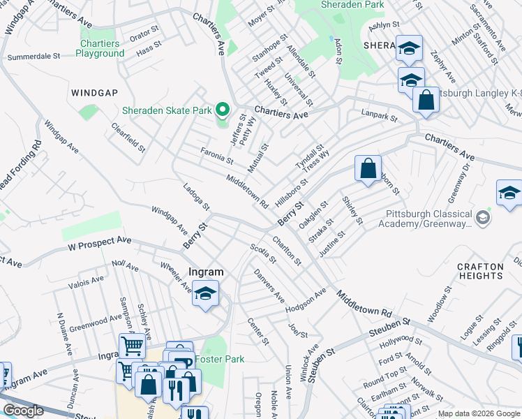 map of restaurants, bars, coffee shops, grocery stores, and more near 2925 Middletown Road in Pittsburgh