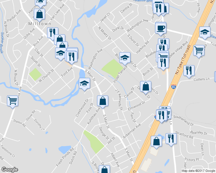 map of restaurants, bars, coffee shops, grocery stores, and more near 23 Violet Terrace in Milltown