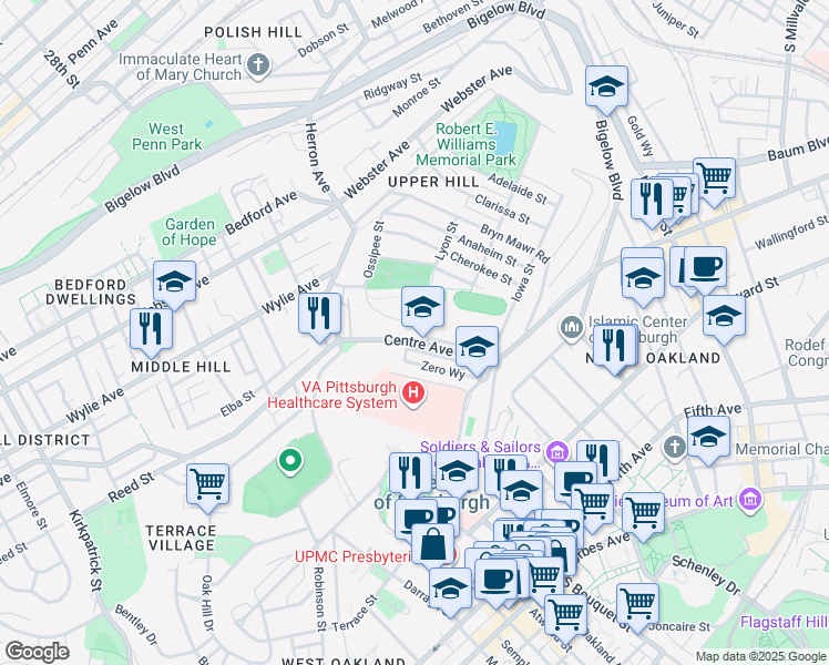 map of restaurants, bars, coffee shops, grocery stores, and more near 3107 Centre Ave in Pittsburgh