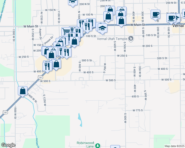 map of restaurants, bars, coffee shops, grocery stores, and more near 845 West 400 South in Vernal