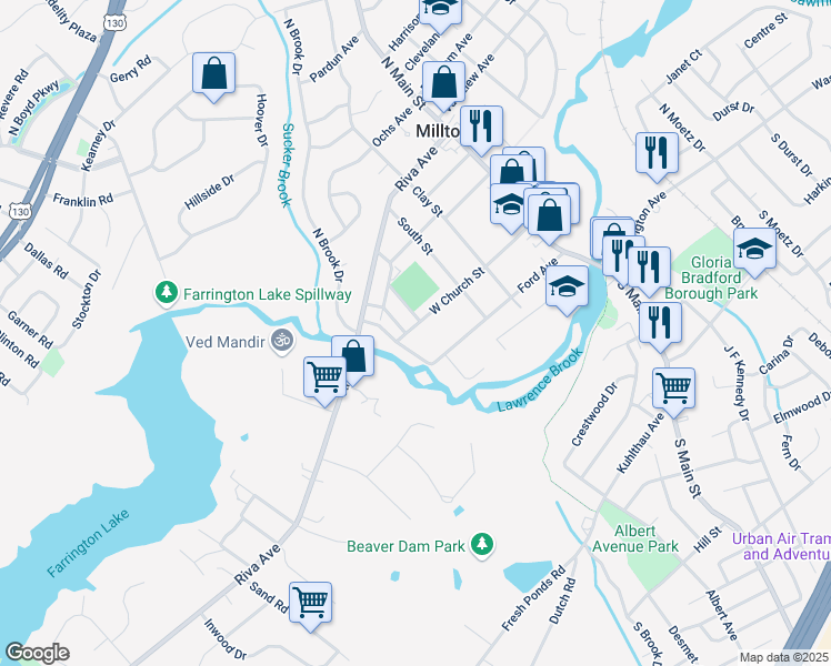 map of restaurants, bars, coffee shops, grocery stores, and more near 138 West Church Street in Milltown