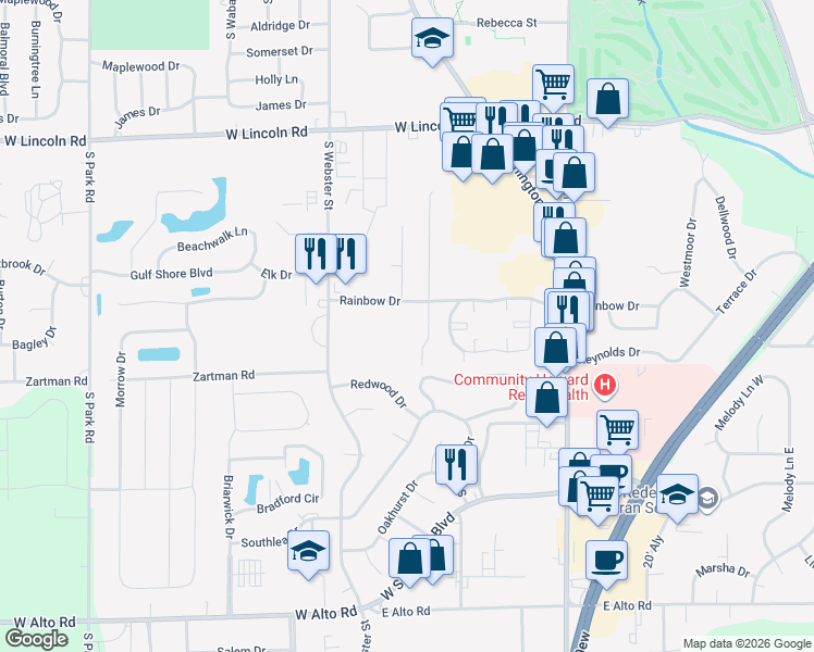map of restaurants, bars, coffee shops, grocery stores, and more near 329 Rainbow Drive in Kokomo