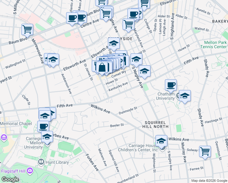 map of restaurants, bars, coffee shops, grocery stores, and more near 5425 Fifth Avenue in Pittsburgh