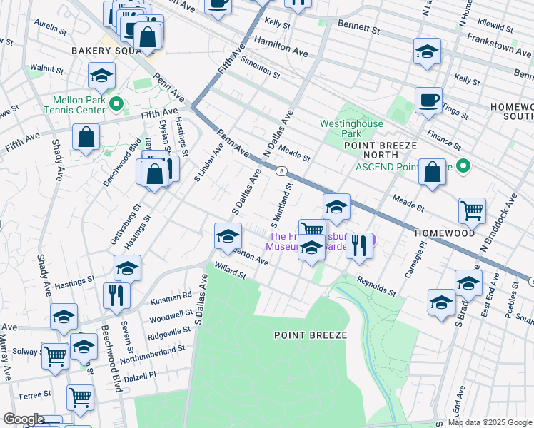 map of restaurants, bars, coffee shops, grocery stores, and more near 6945 Rosewood Street in Pittsburgh