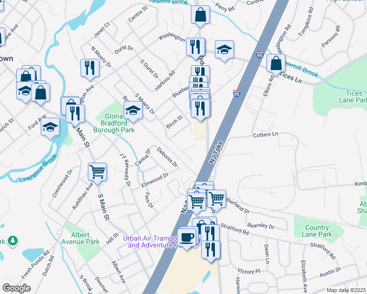 map of restaurants, bars, coffee shops, grocery stores, and more near 150 South Moetz Drive in Milltown