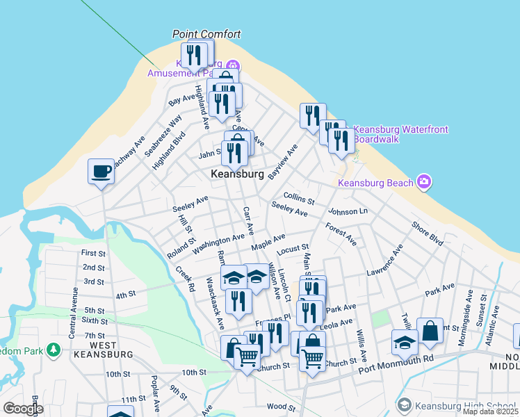 map of restaurants, bars, coffee shops, grocery stores, and more near 165 Raritan Avenue in Keansburg