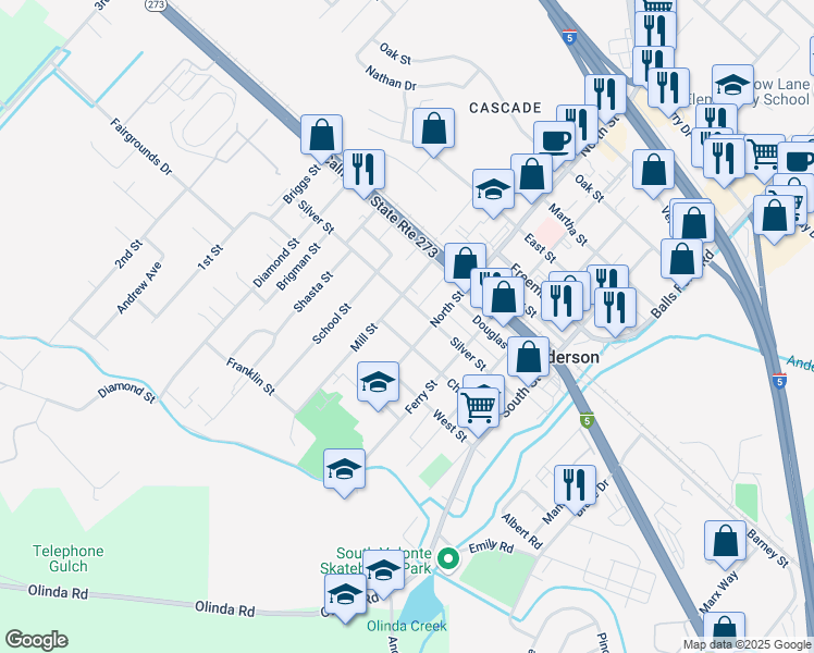 map of restaurants, bars, coffee shops, grocery stores, and more near 3065 Church Street in Anderson