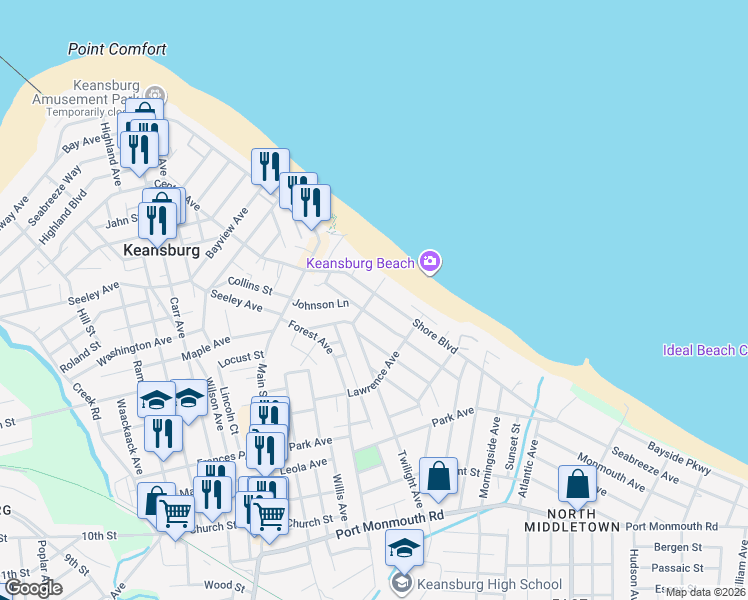 map of restaurants, bars, coffee shops, grocery stores, and more near 28 Twilight Avenue in Keansburg