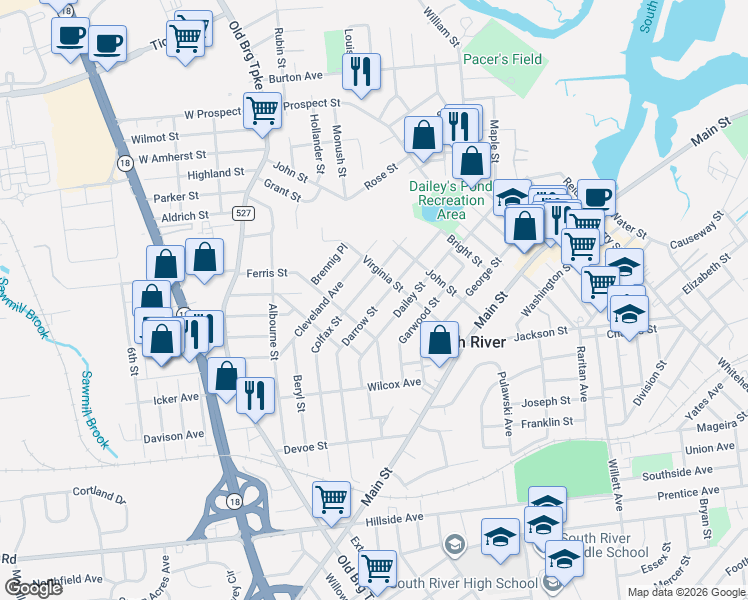 map of restaurants, bars, coffee shops, grocery stores, and more near 97 Colfax Street in South River