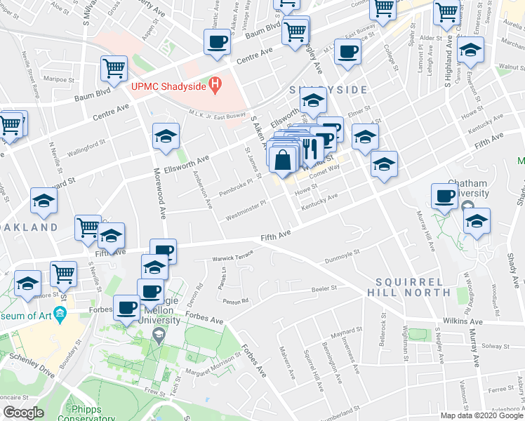 map of restaurants, bars, coffee shops, grocery stores, and more near 5228 Westminster Place in Pittsburgh