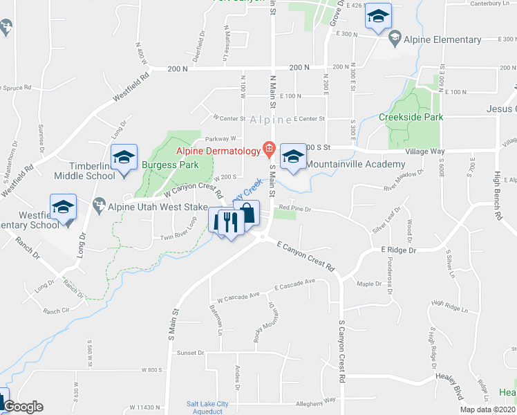 map of restaurants, bars, coffee shops, grocery stores, and more near 40 West Main Street Court in Alpine