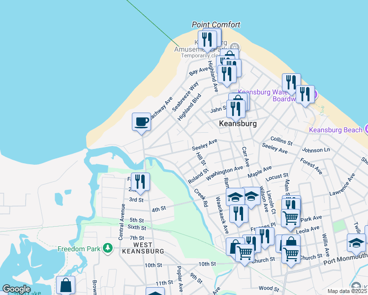 map of restaurants, bars, coffee shops, grocery stores, and more near 217 Seeley Avenue in Keansburg
