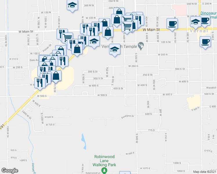 map of restaurants, bars, coffee shops, grocery stores, and more near 735 West 400 South in Vernal