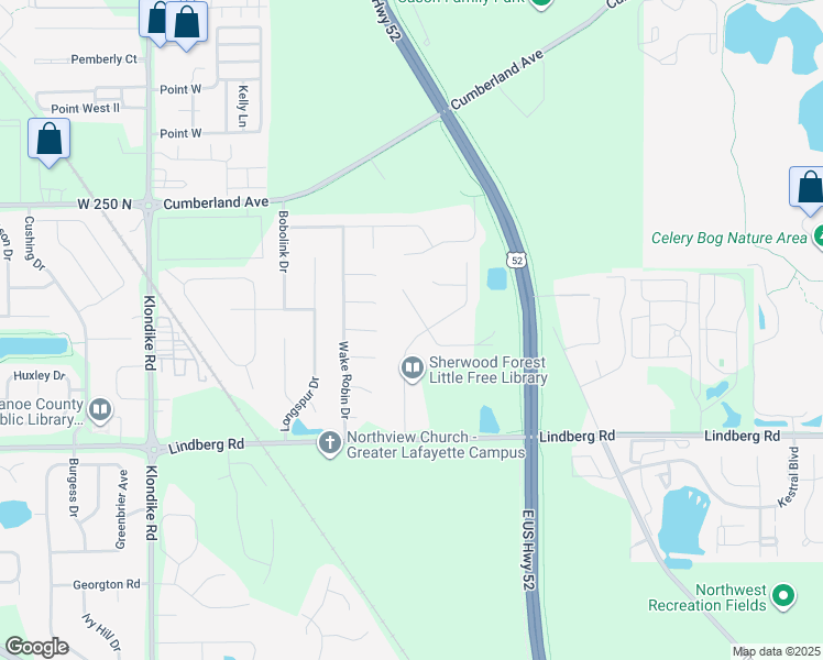 map of restaurants, bars, coffee shops, grocery stores, and more near 2180 Robinhood Lane in West Lafayette
