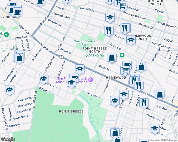 map of restaurants, bars, coffee shops, grocery stores, and more near 7180 Penn Avenue in Pittsburgh