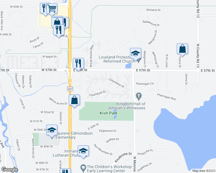 map of restaurants, bars, coffee shops, grocery stores, and more near 420 East 57th Street in Loveland