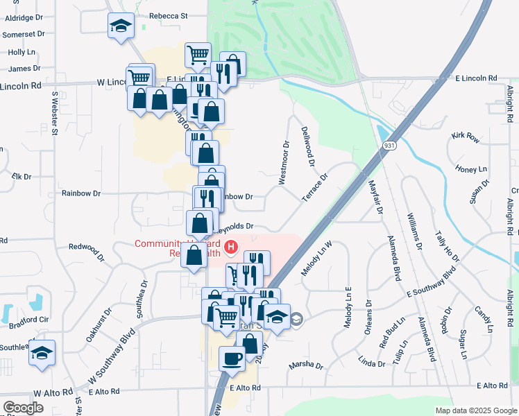 map of restaurants, bars, coffee shops, grocery stores, and more near 528 Meadow Drive in Kokomo