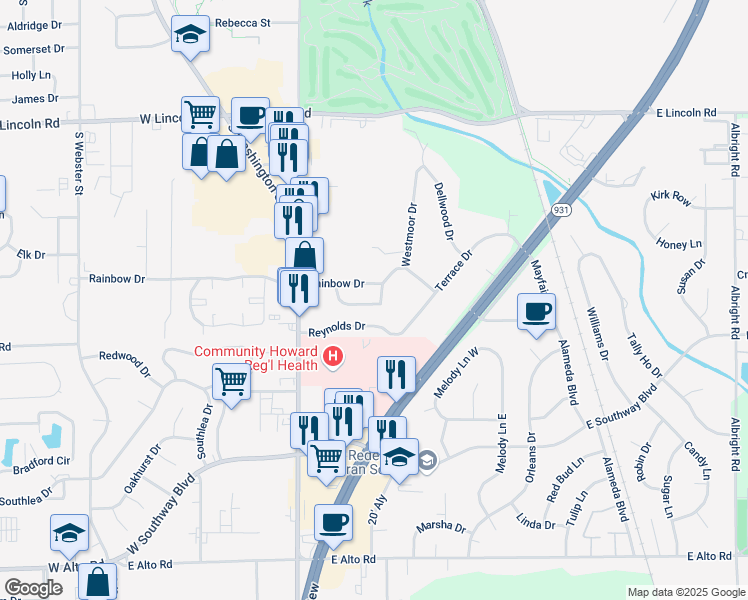 map of restaurants, bars, coffee shops, grocery stores, and more near 528 Meadow Drive in Kokomo