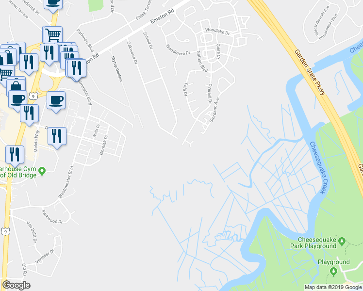 map of restaurants, bars, coffee shops, grocery stores, and more near 99 Overhill Drive in Sayreville