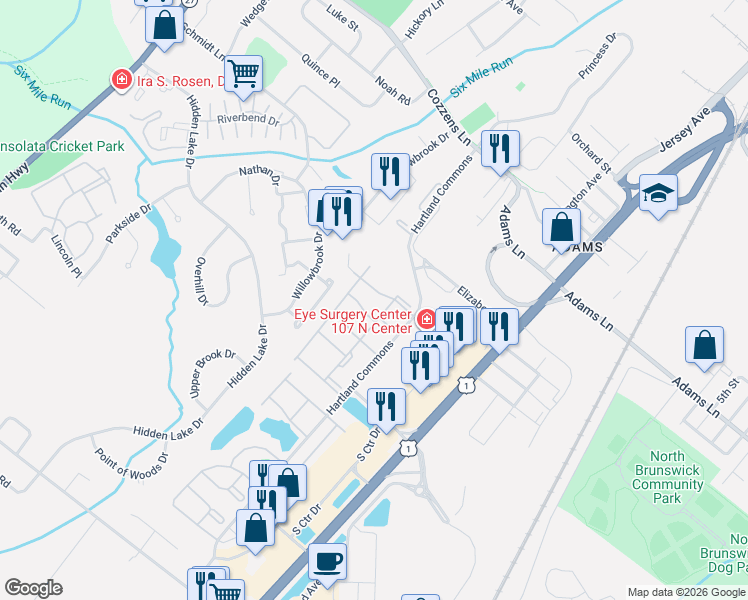 map of restaurants, bars, coffee shops, grocery stores, and more near 5 Pembrook Avenue in North Brunswick Township