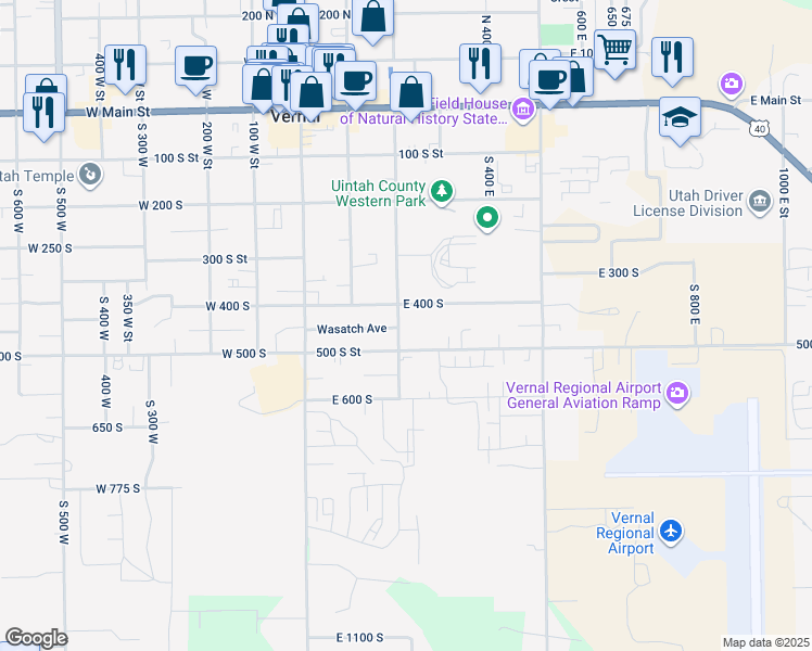 map of restaurants, bars, coffee shops, grocery stores, and more near 443 South 200 East in Vernal