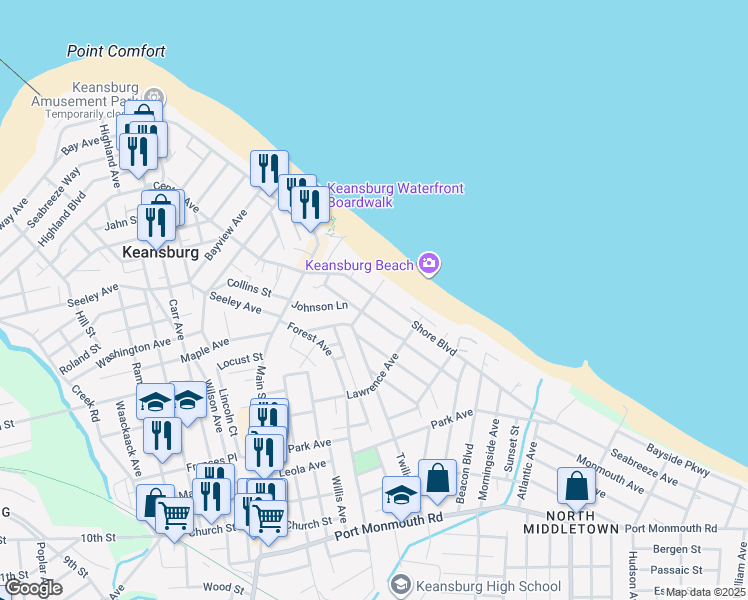 map of restaurants, bars, coffee shops, grocery stores, and more near 28 Twilight Avenue in Keansburg
