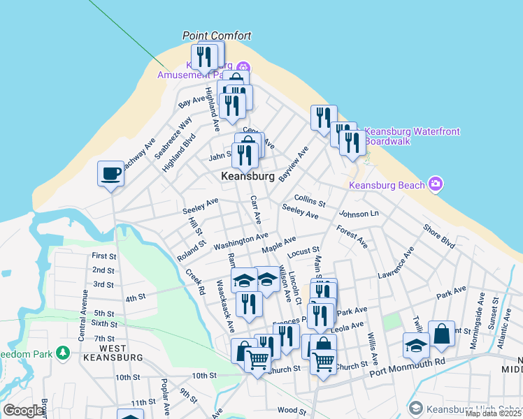 map of restaurants, bars, coffee shops, grocery stores, and more near 165 Raritan Avenue in Keansburg