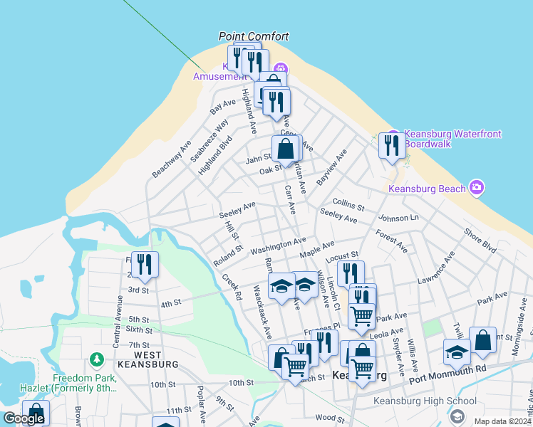 map of restaurants, bars, coffee shops, grocery stores, and more near 27 Lincoln Avenue in Keansburg