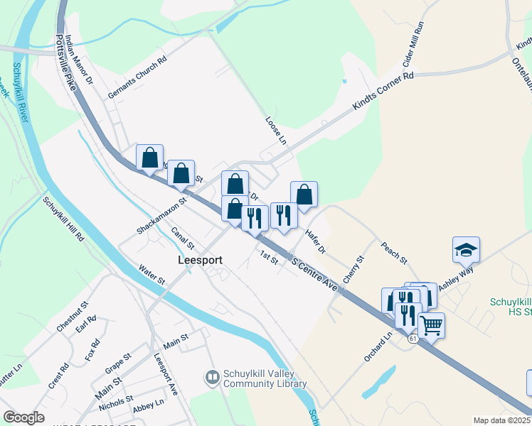 map of restaurants, bars, coffee shops, grocery stores, and more near 64 Hafer Drive in Leesport