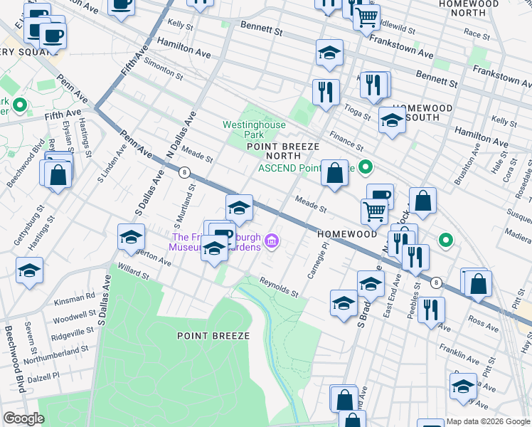 map of restaurants, bars, coffee shops, grocery stores, and more near 7180 Penn Avenue in Pittsburgh