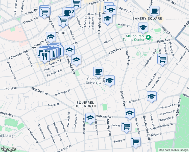 map of restaurants, bars, coffee shops, grocery stores, and more near Chapel Hill Road in Pittsburgh
