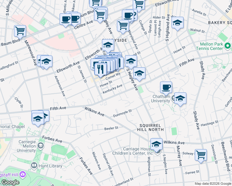 map of restaurants, bars, coffee shops, grocery stores, and more near 5517 Fifth Avenue in Pittsburgh