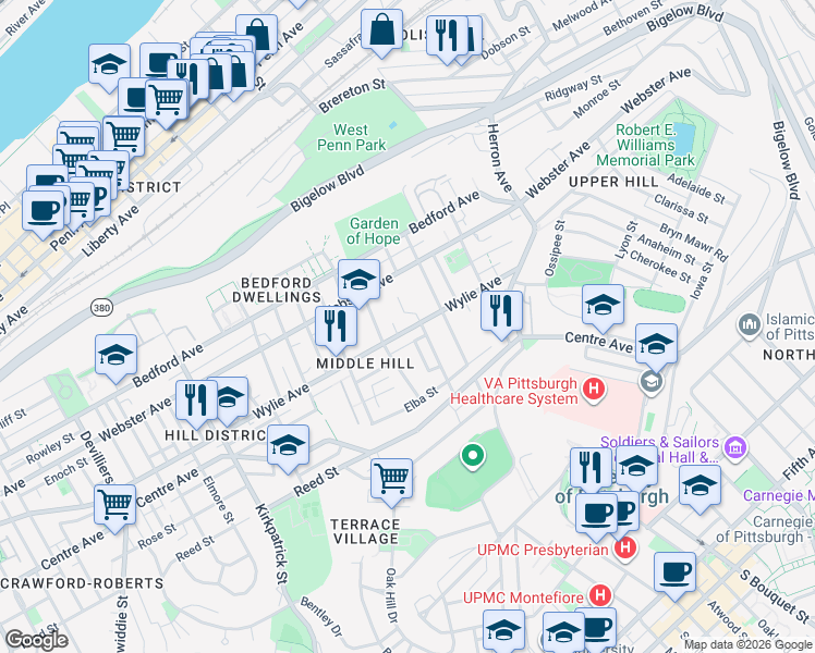 map of restaurants, bars, coffee shops, grocery stores, and more near 2629 Wylie Avenue in Pittsburgh